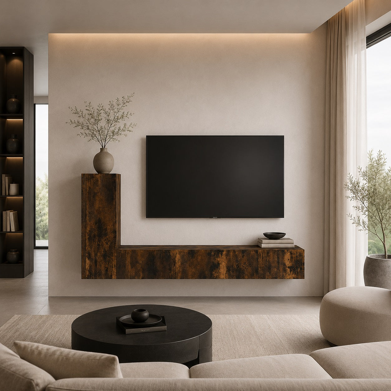 Meuble TV suspendus en bois effet chêne fumé dans salon contemporain, style élégant et fonctionnel