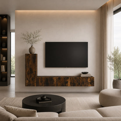 Meuble TV suspendus en bois effet chêne fumé dans salon contemporain, style élégant et fonctionnel