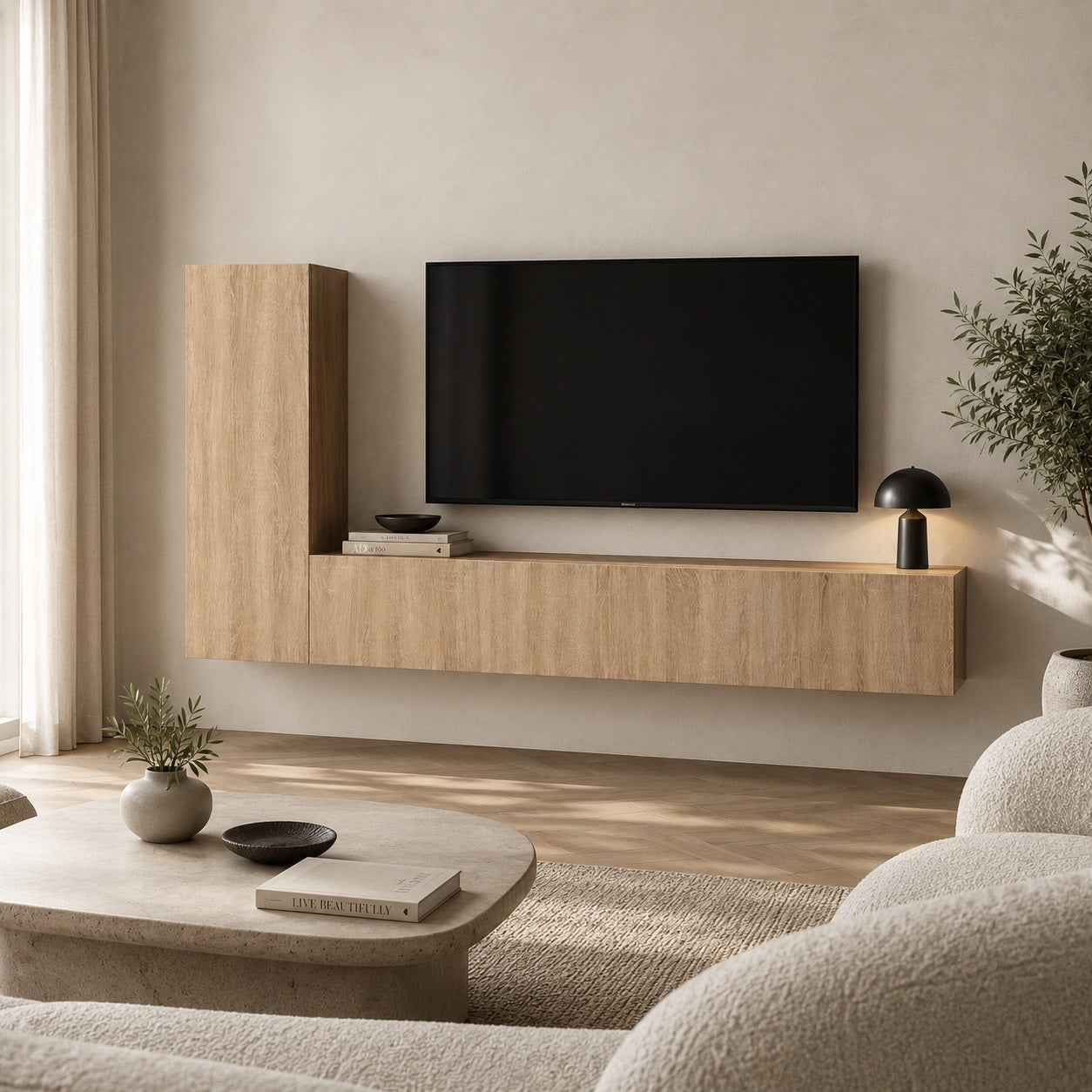 Meuble TV suspendus en bois chêne sonoma dans salon lumineux, style contemporain et rangements intégrés