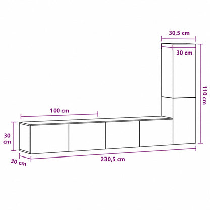Dimensions du meuble TV suspendus en bois avec colonne de rangement, largeur 230,5 cm et hauteur 110 cm