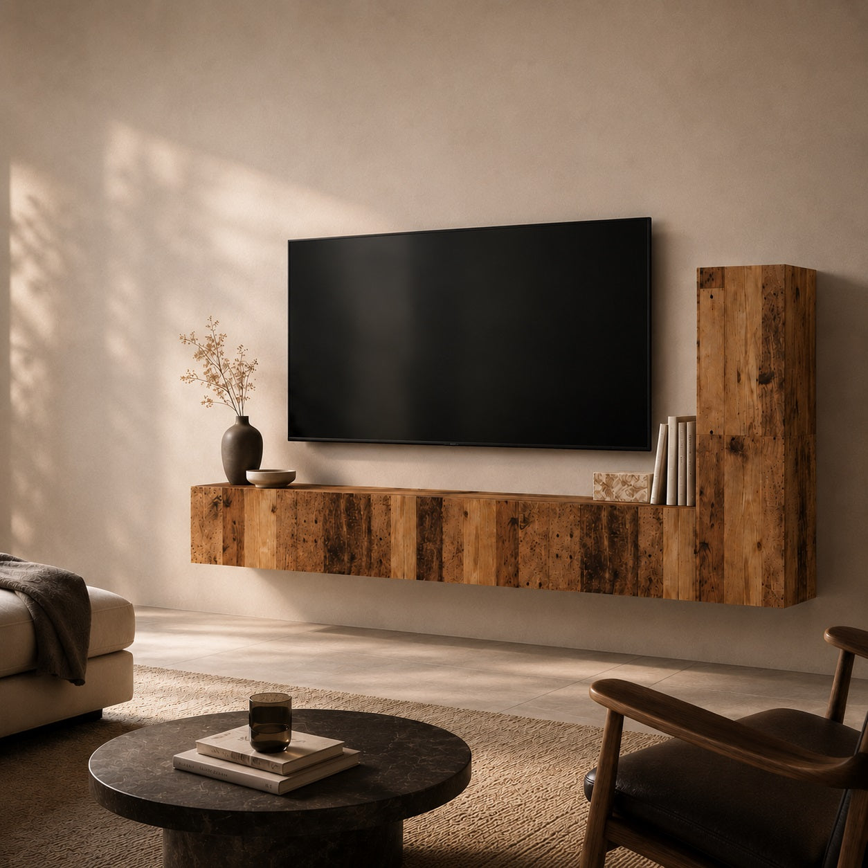 Meuble TV suspendus en bois vieux bois dans salon chaleureux, meuble mural moderne et authentique