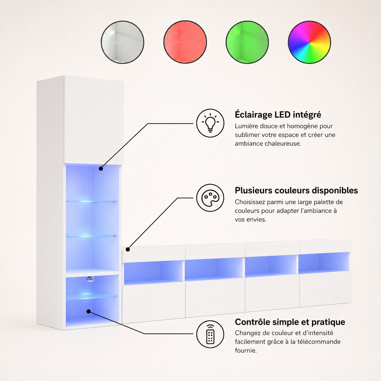 Meuble TV avec LED RGB intégré, meuble TV suspendu blanc design avec éclairage personnalisable