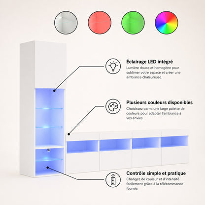 Meuble TV avec LED RGB intégré, meuble TV suspendu blanc design avec éclairage personnalisable