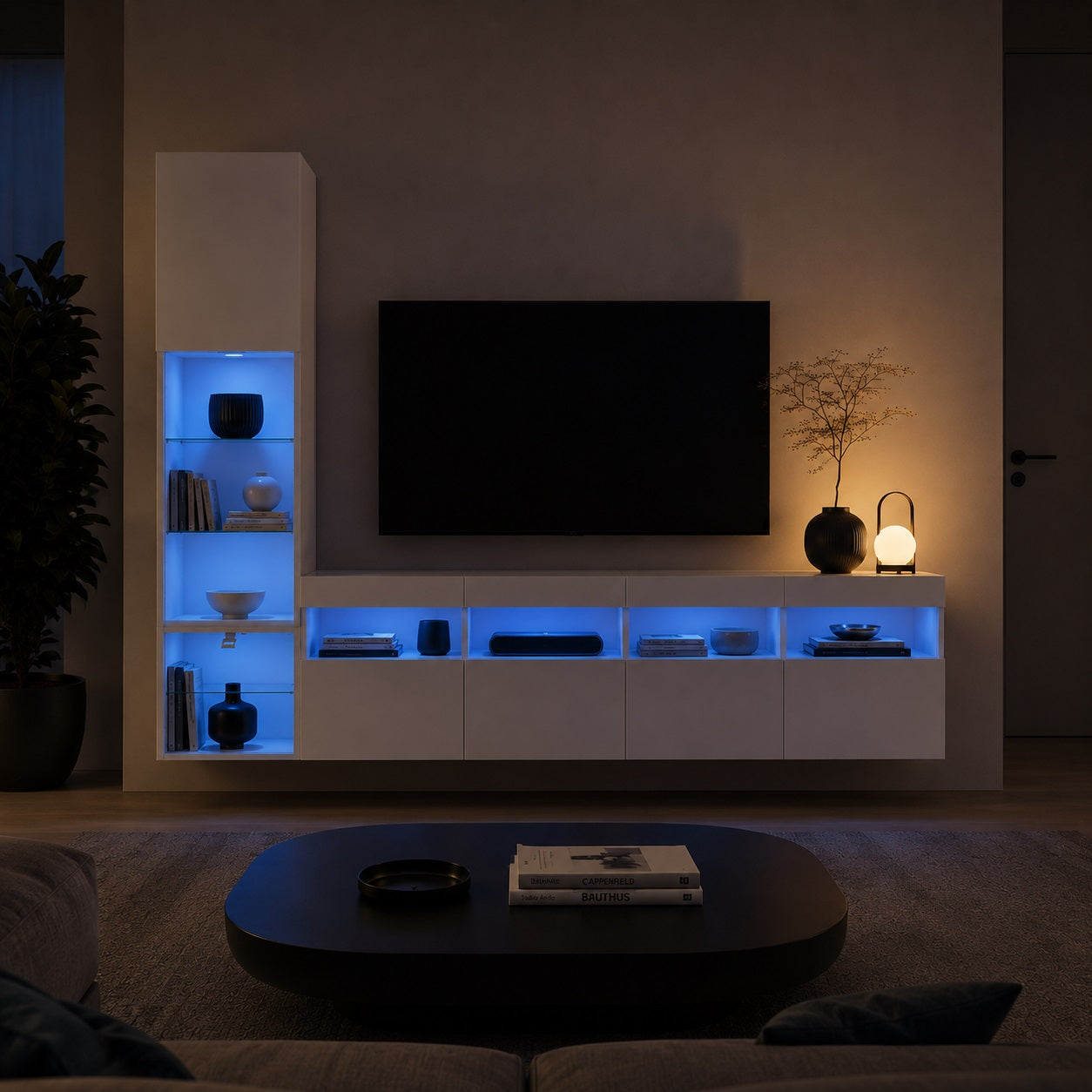 Meuble TV avec LED intégré et rangements suspendus, meuble mural blanc moderne