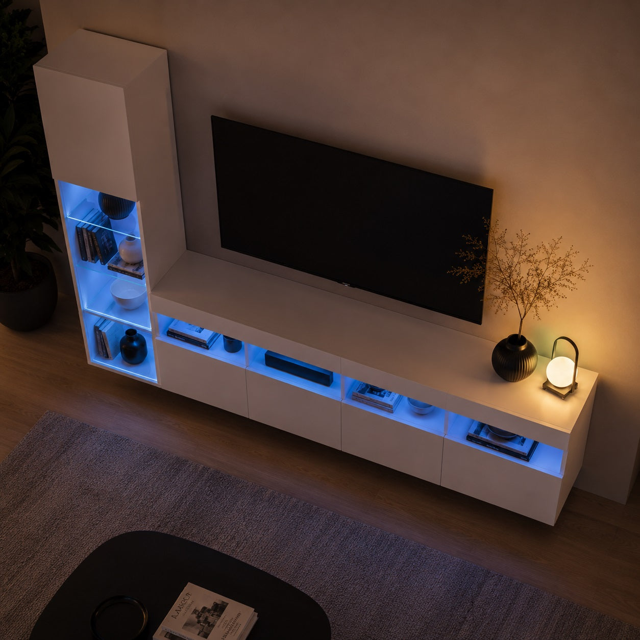 Vue aérienne meuble TV avec LED et colonne murale suspendue, style contemporain