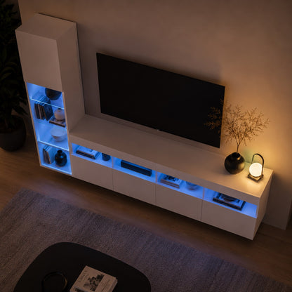 Vue aérienne meuble TV avec LED et colonne murale suspendue, style contemporain