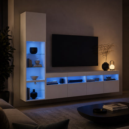 Meuble TV suspendu avec LED bleue, grand meuble mural blanc pour salon contemporain