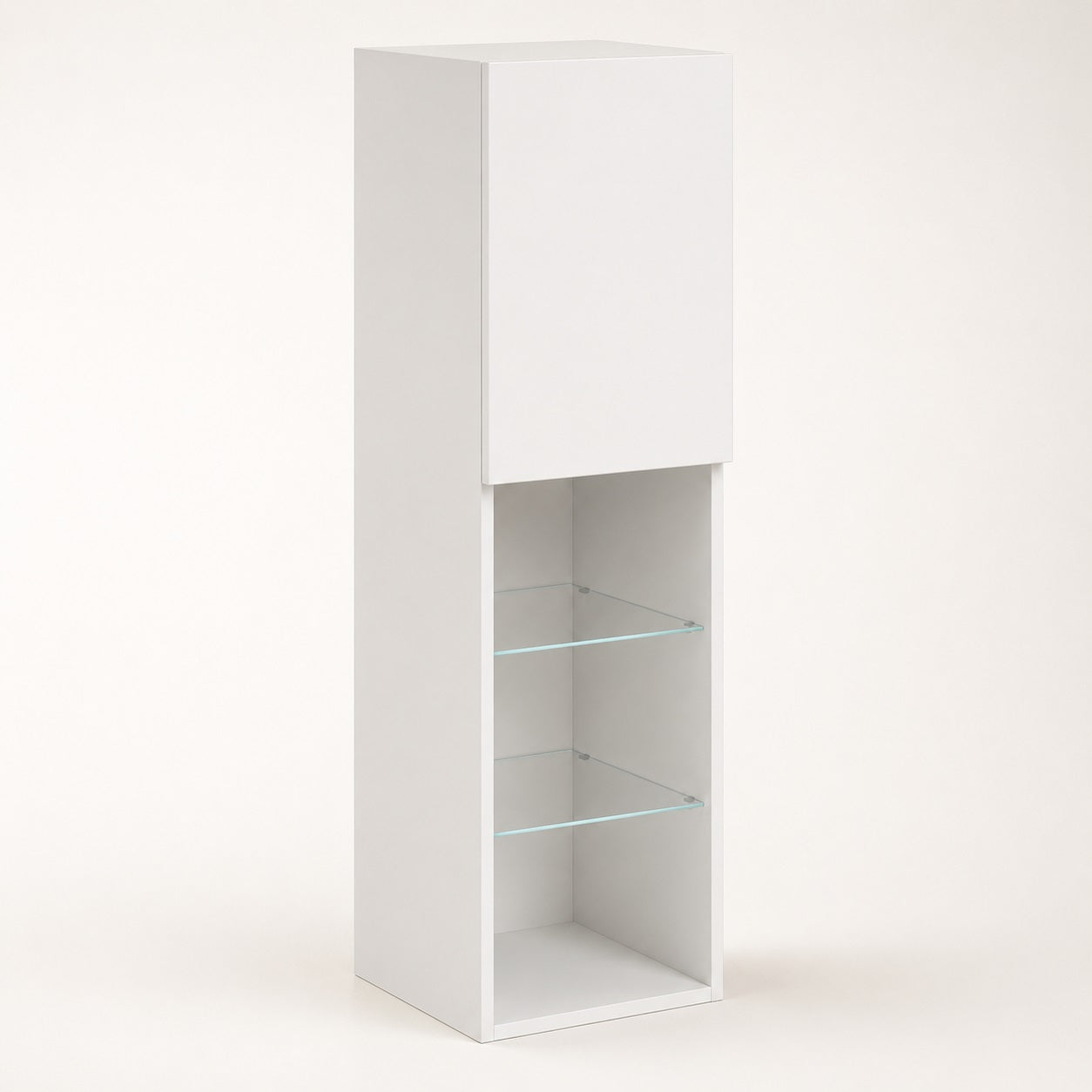 Colonne de rangement pour meuble TV suspendu avec étagères en verre et finition blanche