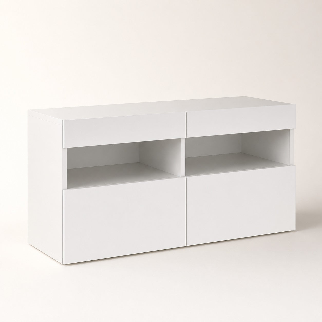 Module bas de meuble TV suspendu avec niches ouvertes et rangements fermés blancs