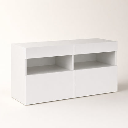 Module bas de meuble TV suspendu avec niches ouvertes et rangements fermés blancs