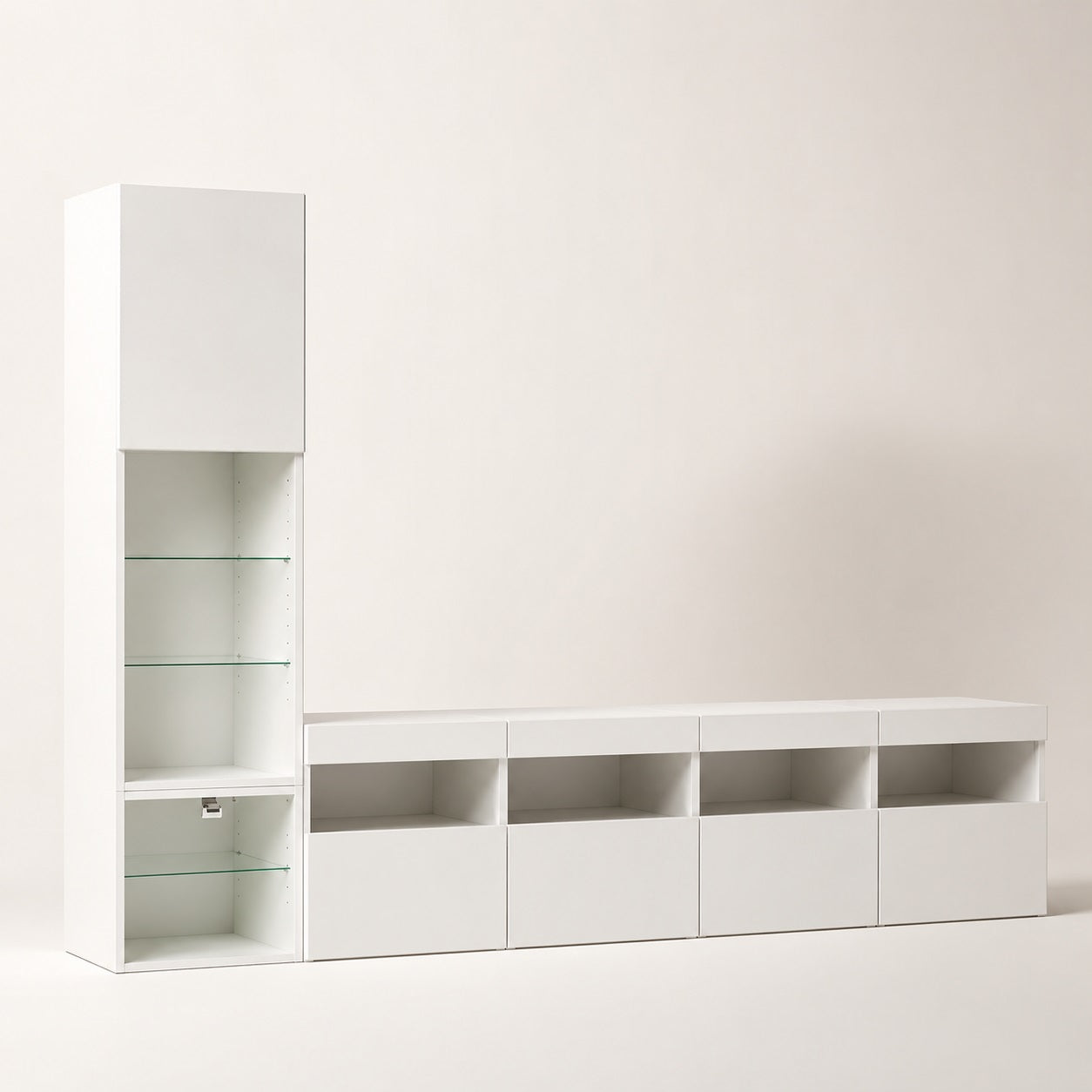 Meuble TV suspendu blanc avec colonne de rangement et étagères en verre, design moderne