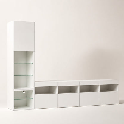 Meuble TV suspendu blanc avec colonne de rangement et étagères en verre, design moderne