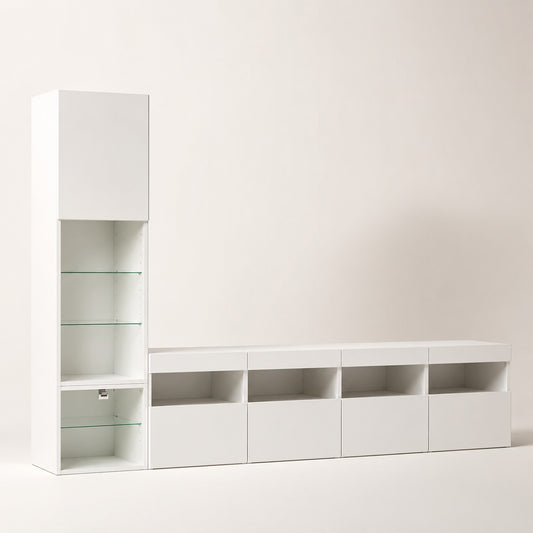 Meuble TV suspendu blanc avec colonne de rangement et étagères en verre, design moderne
