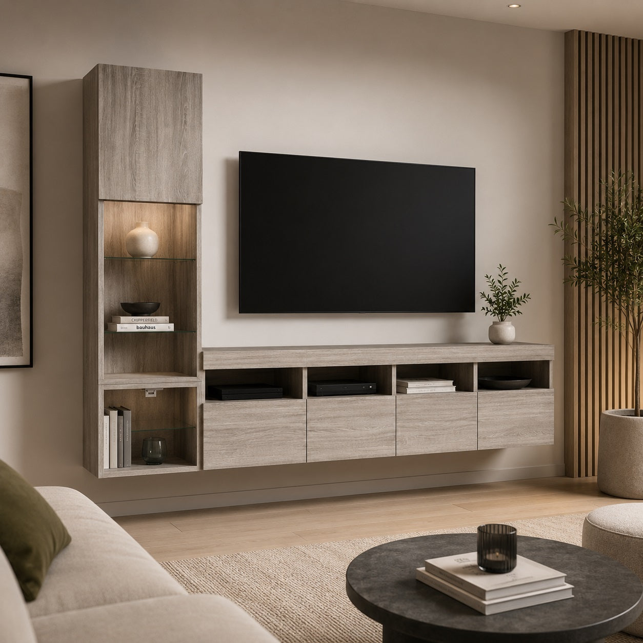 Meuble TV suspendu gris effet chêne dans salon moderne avec espaces de rangement pratiques
