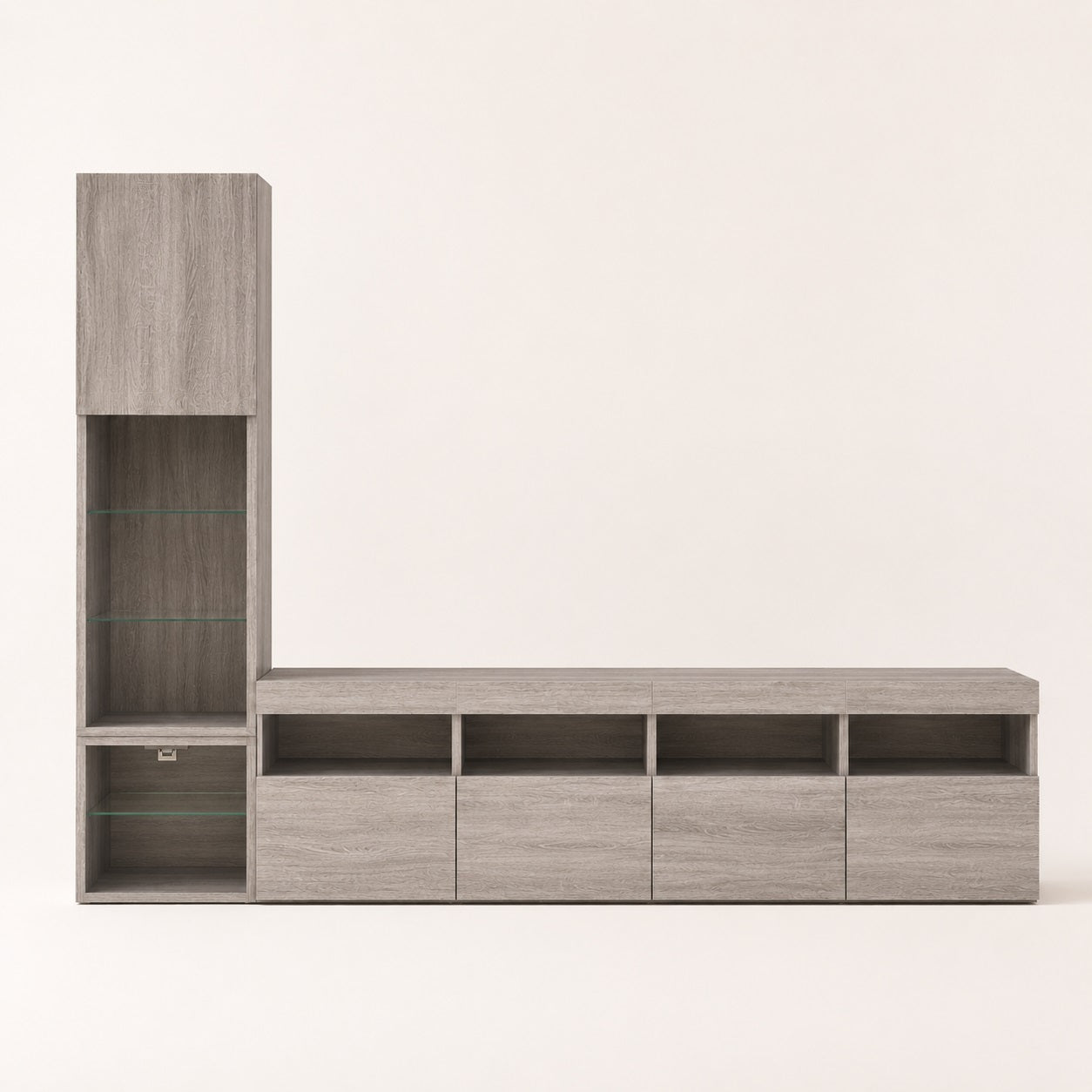 Meuble TV suspendu gris avec colonne de rangement et portes abattantes pour intérieur moderne