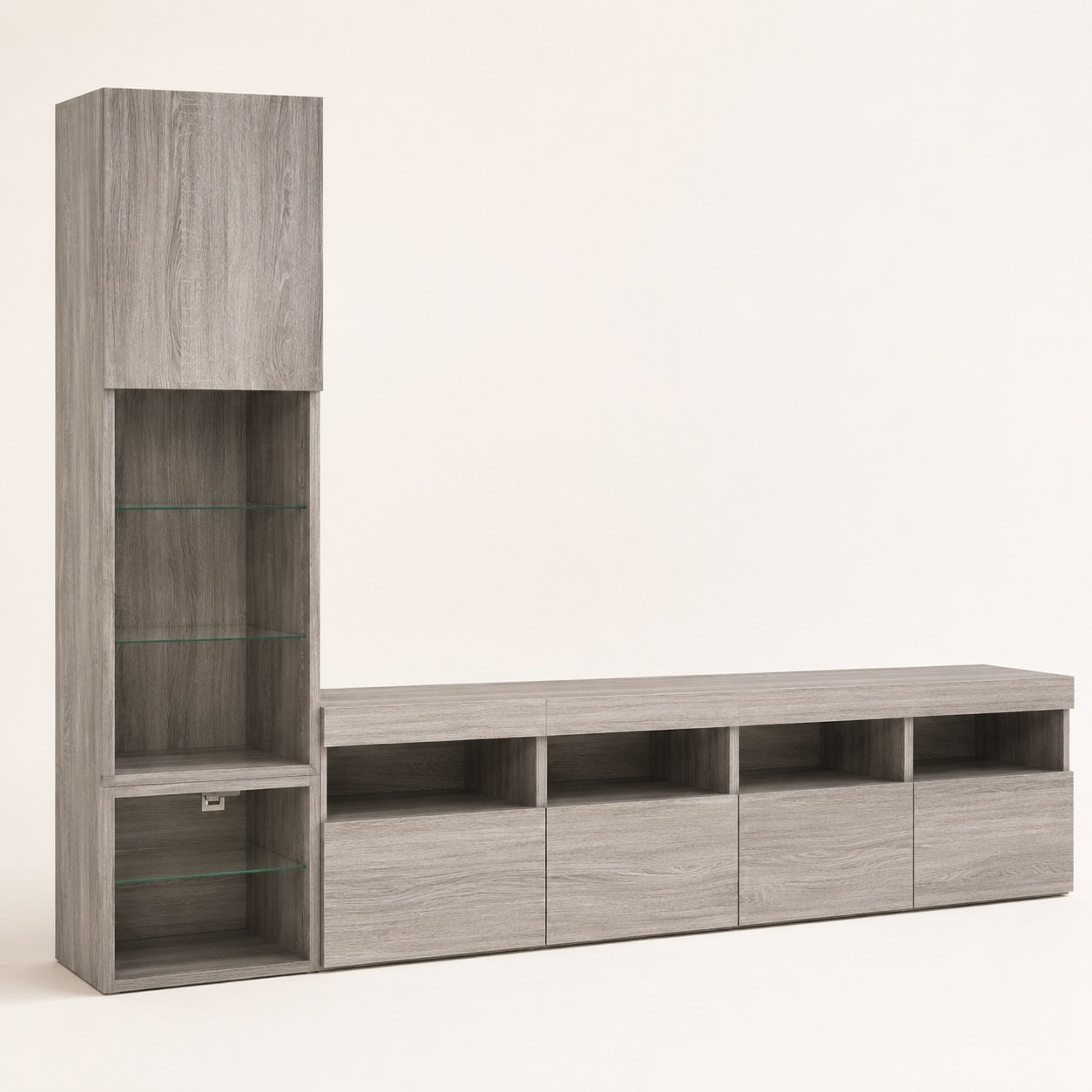 Meuble TV suspendu effet bois gris avec rangements et étagères vitrées au style contemporain