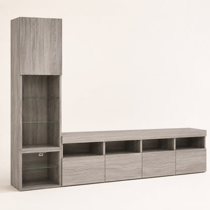 Meuble TV suspendu effet bois gris avec rangements et étagères vitrées au style contemporain