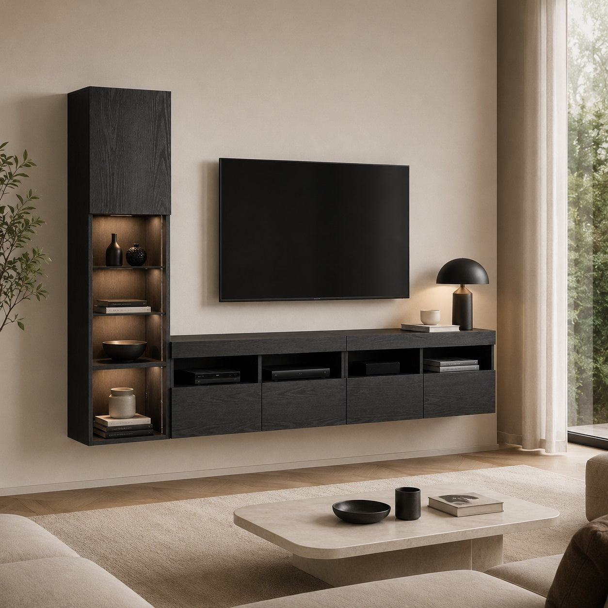 Meuble TV suspendu noir contemporain avec rangements muraux et décoration élégante