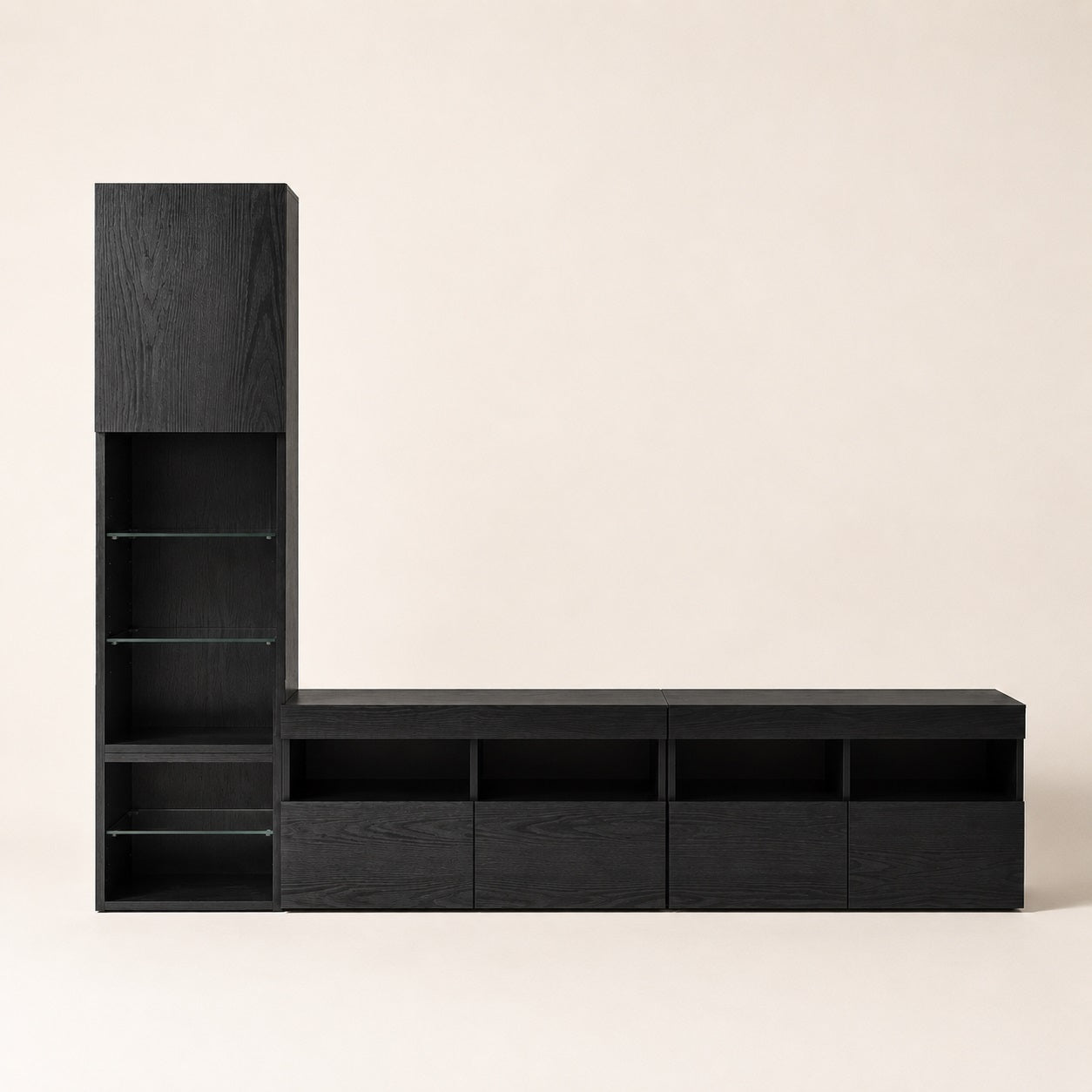 Meuble TV suspendu noir avec colonne de rangement et niches ouvertes au design moderne