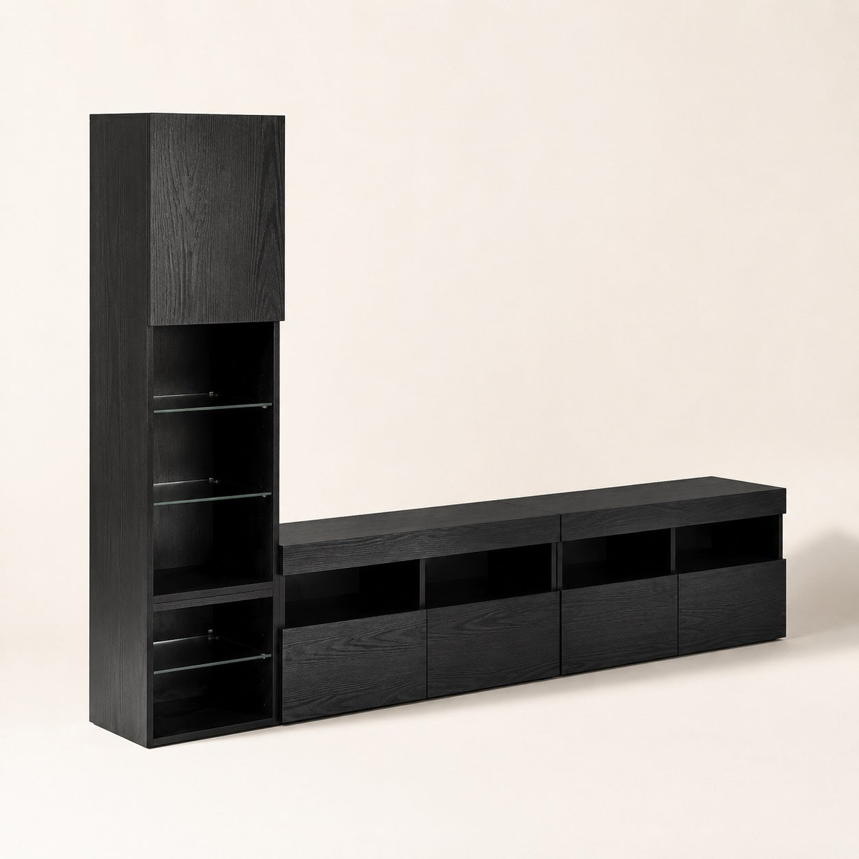 Meuble TV suspendu noir effet bois avec rangements fermés et étagères en verre design