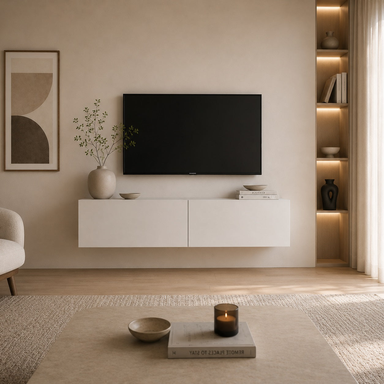 Meuble TV moderne blanc suspendu, idéal pour un intérieur épuré et un salon lumineux