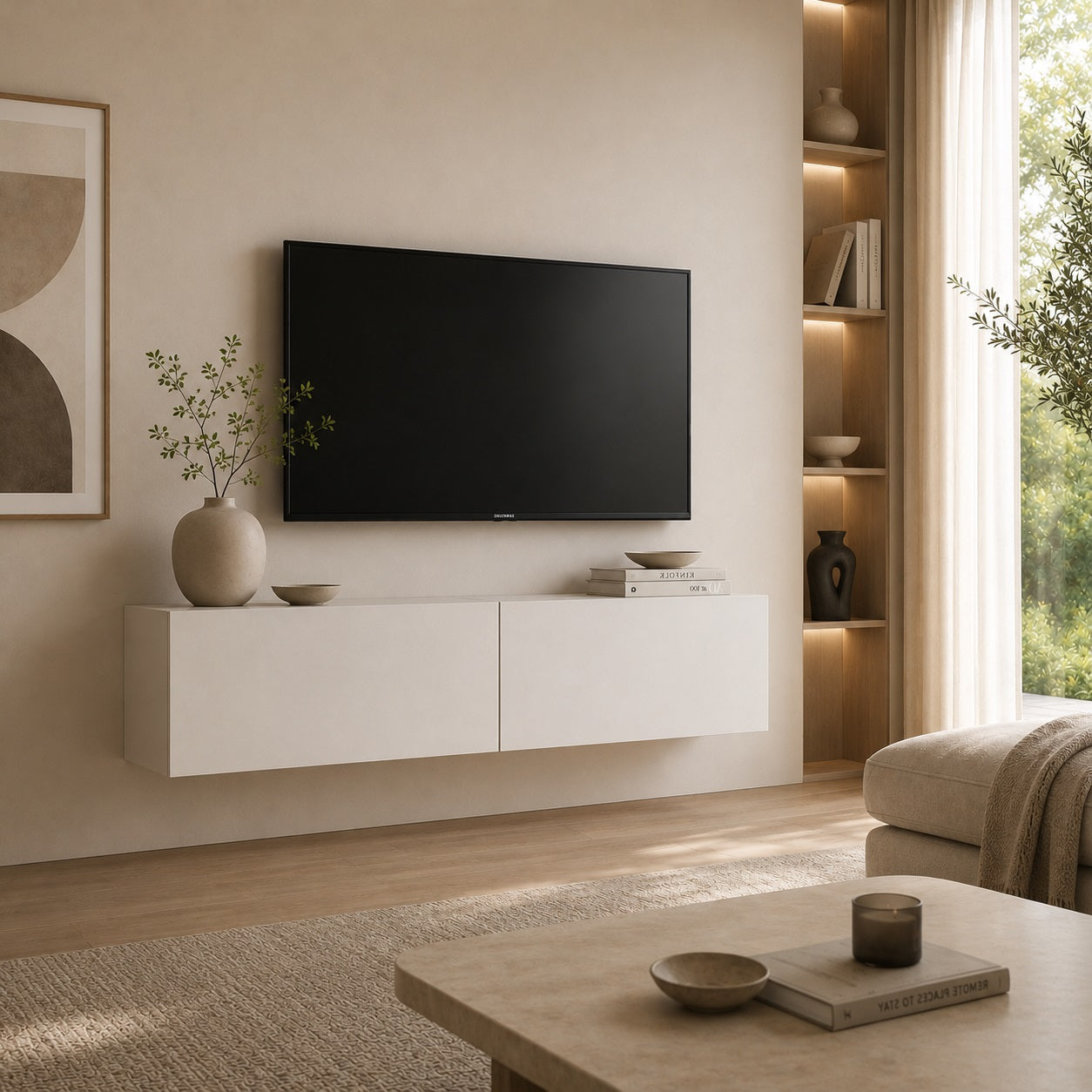 Meuble TV mural blanc dans salon moderne, rangement discret et style minimaliste contemporain