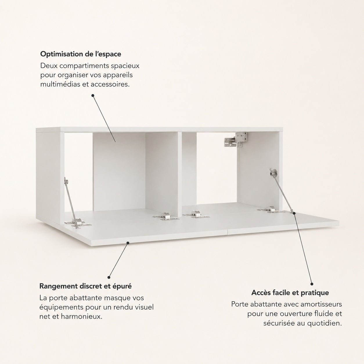 Intérieur du meuble TV mural avec compartiments de rangement pratiques et ouverture abattante
