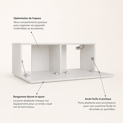 Intérieur du meuble TV mural avec compartiments de rangement pratiques et ouverture abattante