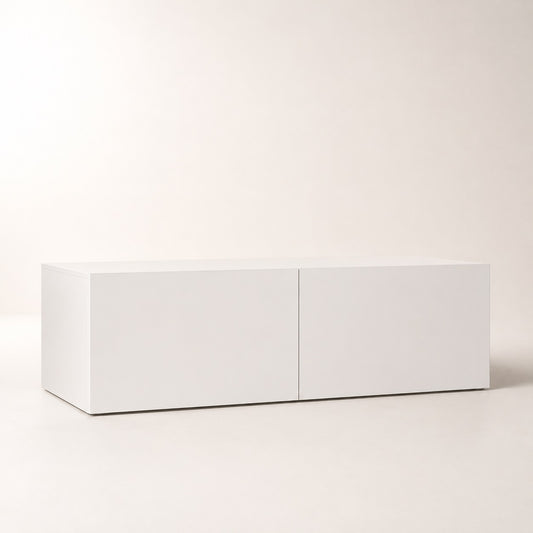 Meuble TV moderne blanc suspendu avec rangements intégrés, design épuré et meuble TV mural contemporain