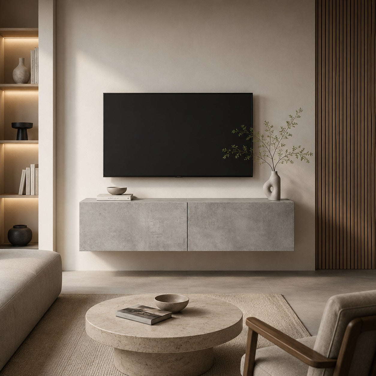 Meuble TV mural gris effet béton dans un salon contemporain, meuble TV moderne au design minimaliste