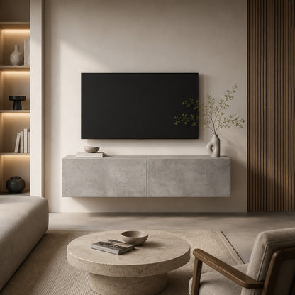 Meuble TV mural gris effet béton dans un salon contemporain, meuble TV moderne au design minimaliste