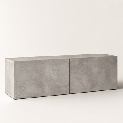 Meuble TV mural gris effet béton, design moderne avec rangements intégrés et lignes épurées