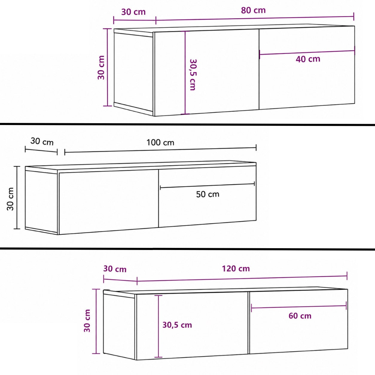 Dimensions du meuble TV mural moderne disponibles en 80, 100 et 120 cm pour tous les espaces