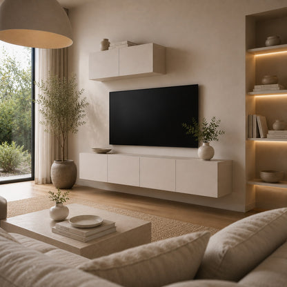 Meuble tv suspendus blanc moderne intégré dans un salon lumineux au style minimaliste