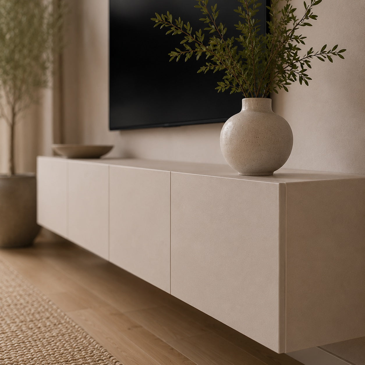 Détail de meuble tv suspendus blanc avec finition élégante et design meuble tv moderne