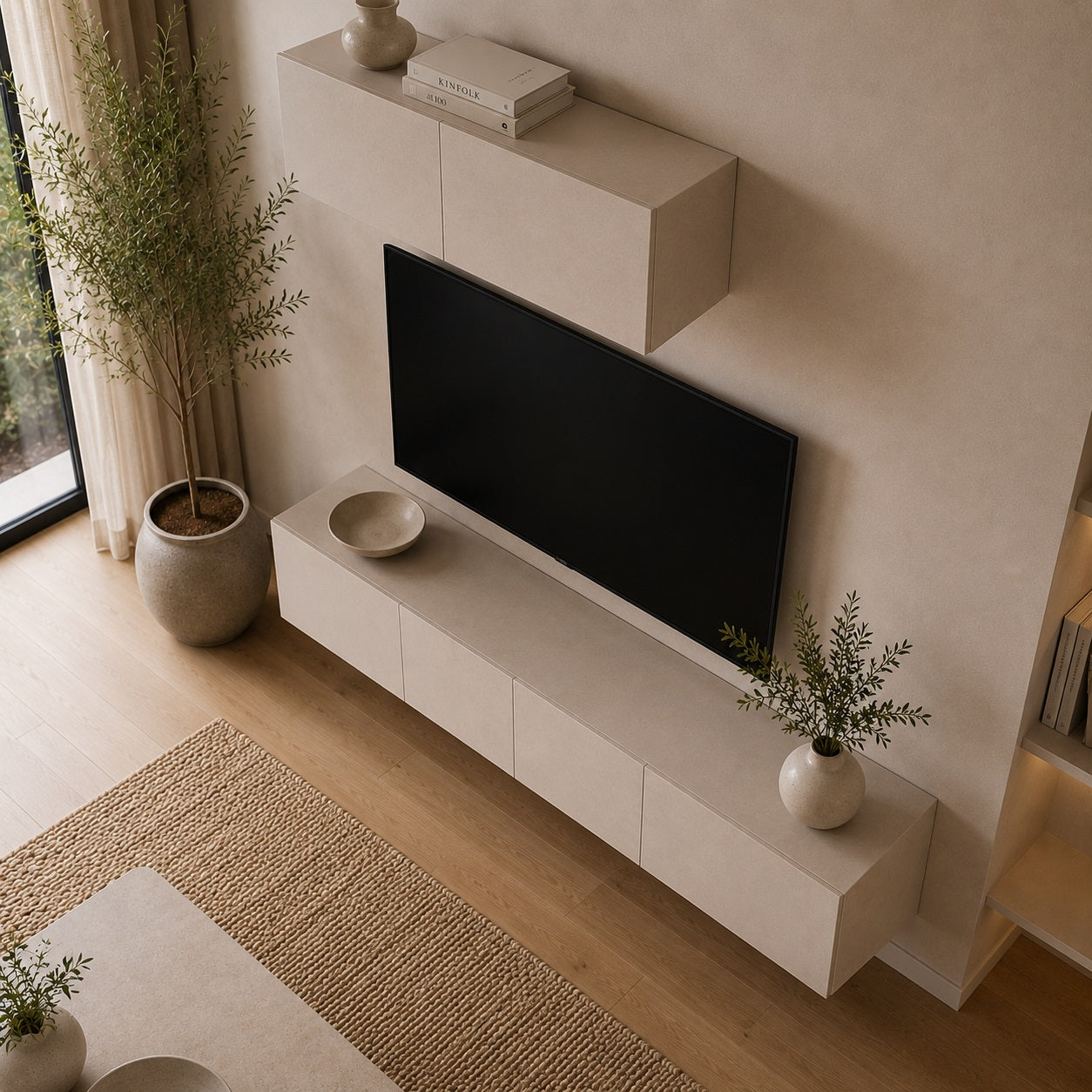 Vue aérienne de meuble tv suspendus blanc et meuble tv moderne pour salon contemporain
