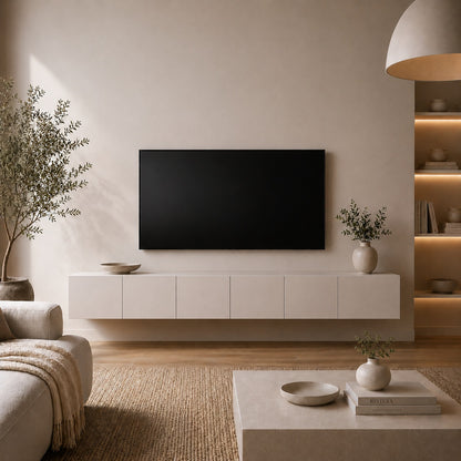 Meuble tv suspendus blanc design avec façade sans poignées et style moderne épuré