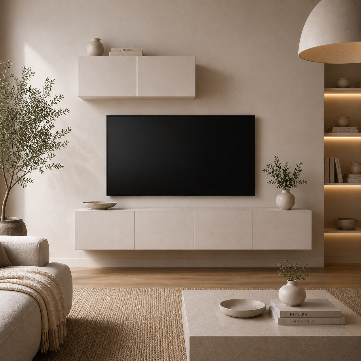 Meuble tv suspendus blanc dans salon contemporain avec meuble tv moderne aux lignes épurées
