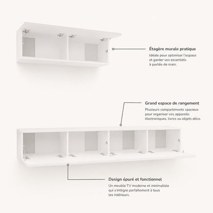 Intérieur du meuble tv suspendus blanc montrant les compartiments de rangement modernes