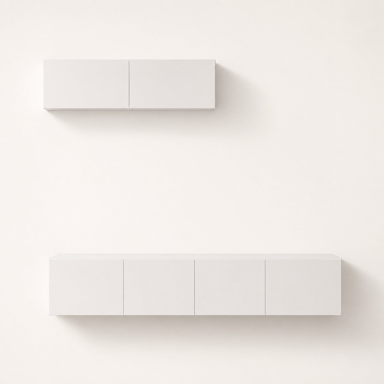 Meuble tv suspendus blanc avec meuble tv moderne mural et rangements fermés au design minimaliste