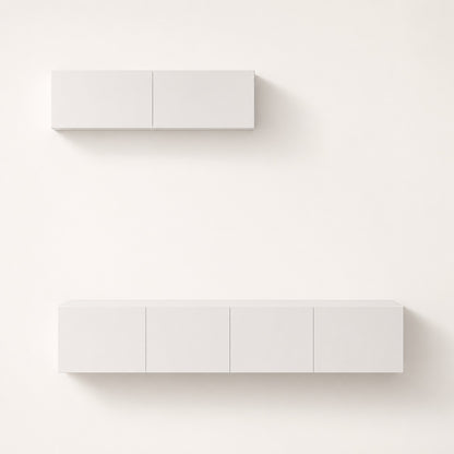 Meuble tv suspendus blanc avec meuble tv moderne mural et rangements fermés au design minimaliste