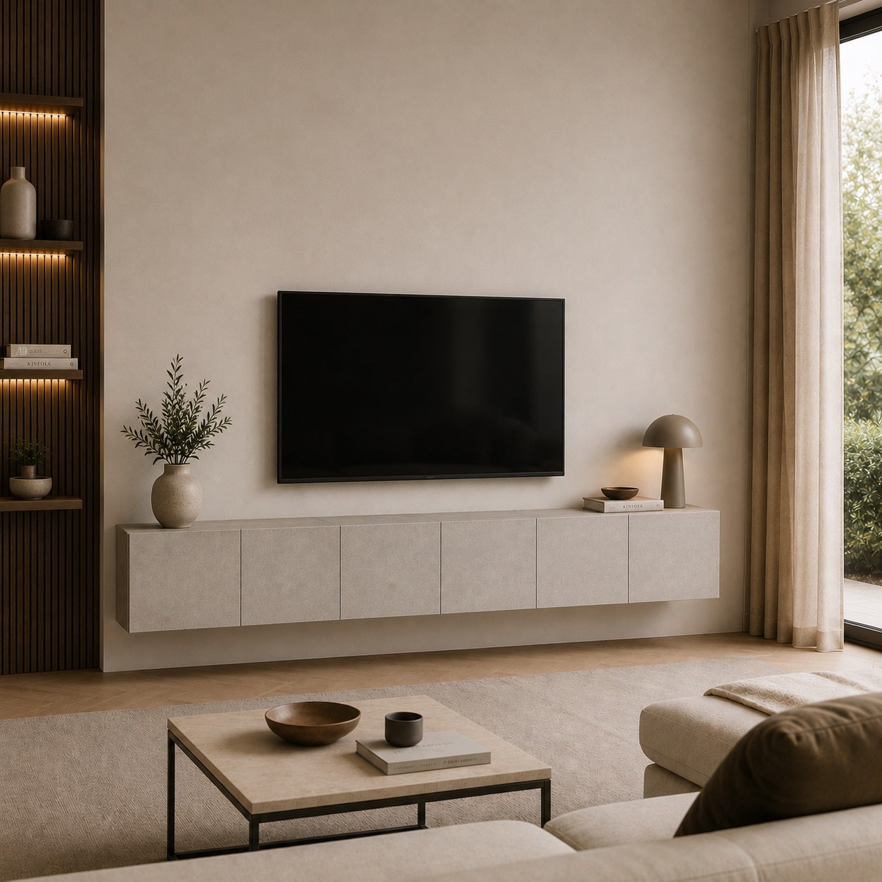 Grand meuble tv suspendus moderne finition béton pour salon design et décoration contemporaine