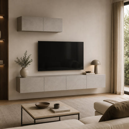 Meuble tv suspendus effet béton dans salon contemporain avec meuble tv moderne et rangement discret