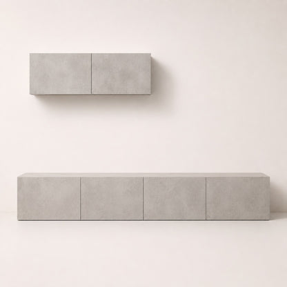 Meuble tv suspendus effet béton avec rangements fermés et design meuble tv moderne minimaliste