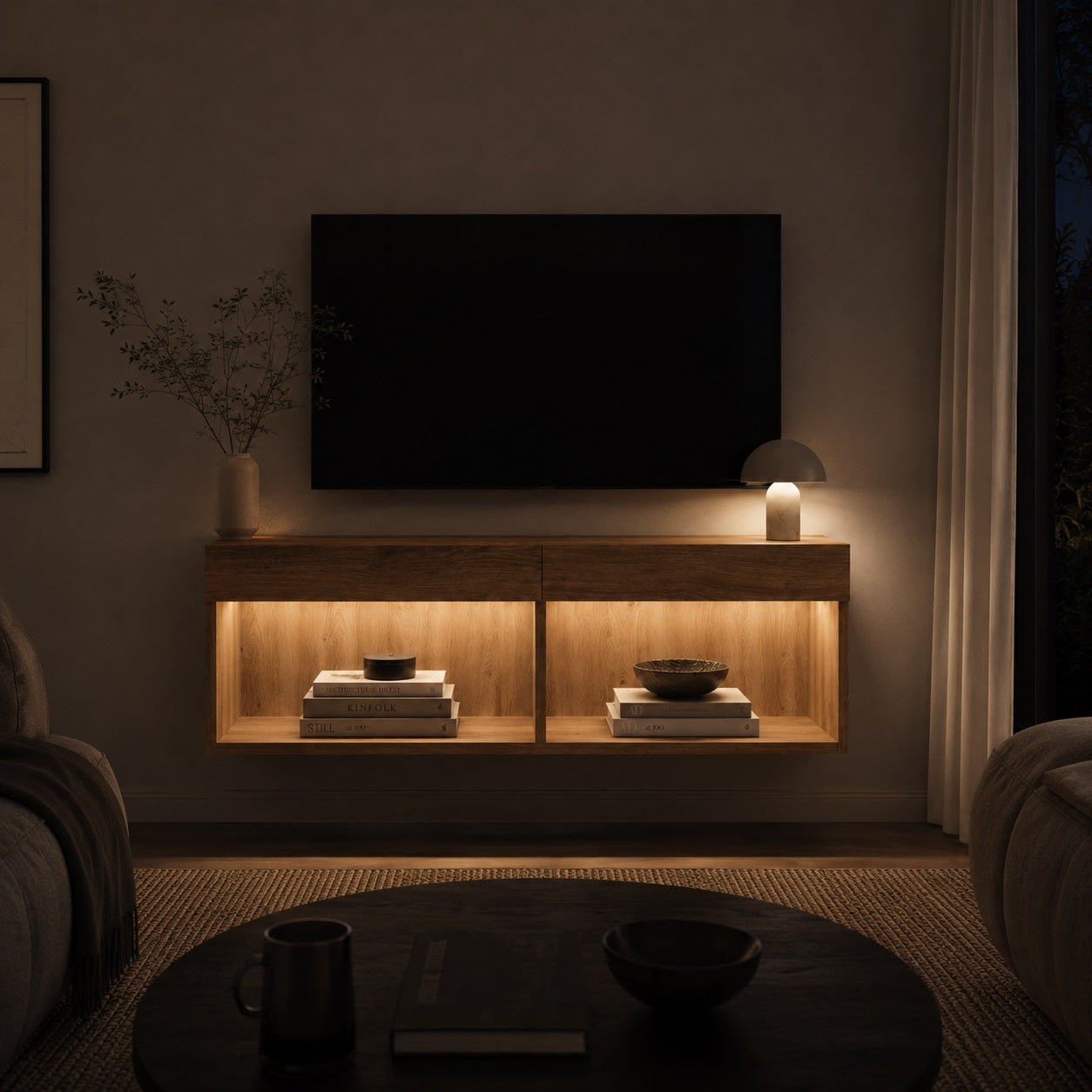 Meuble TV suspendu en bois avec LED d’ambiance, idéal pour un salon moderne et élégant