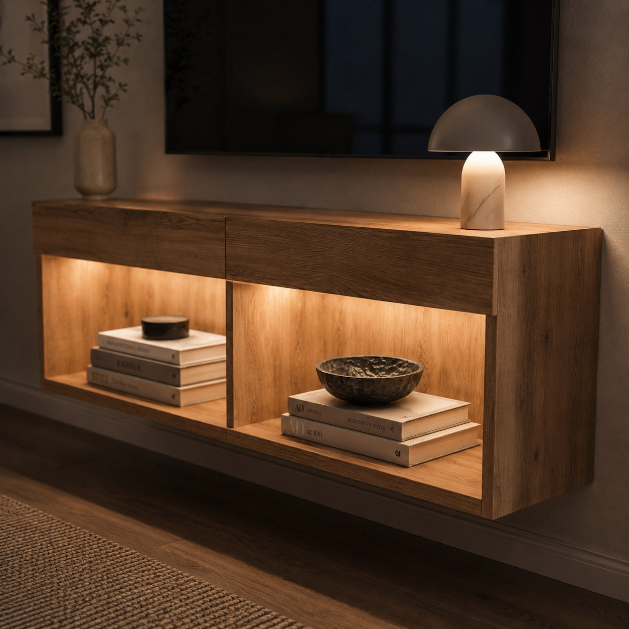 Meuble TV suspendu en bois avec niches ouvertes et éclairage LED pour une décoration moderne