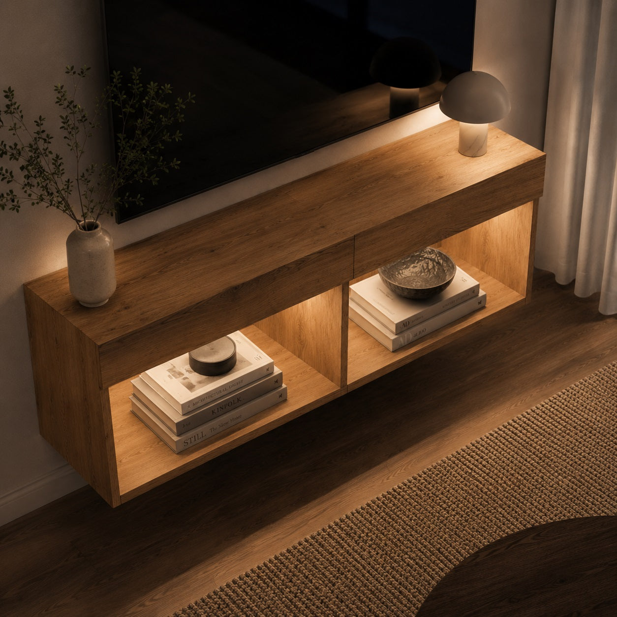 Vue plongeante du meuble TV suspendu en bois avec LED et rangements ouverts design