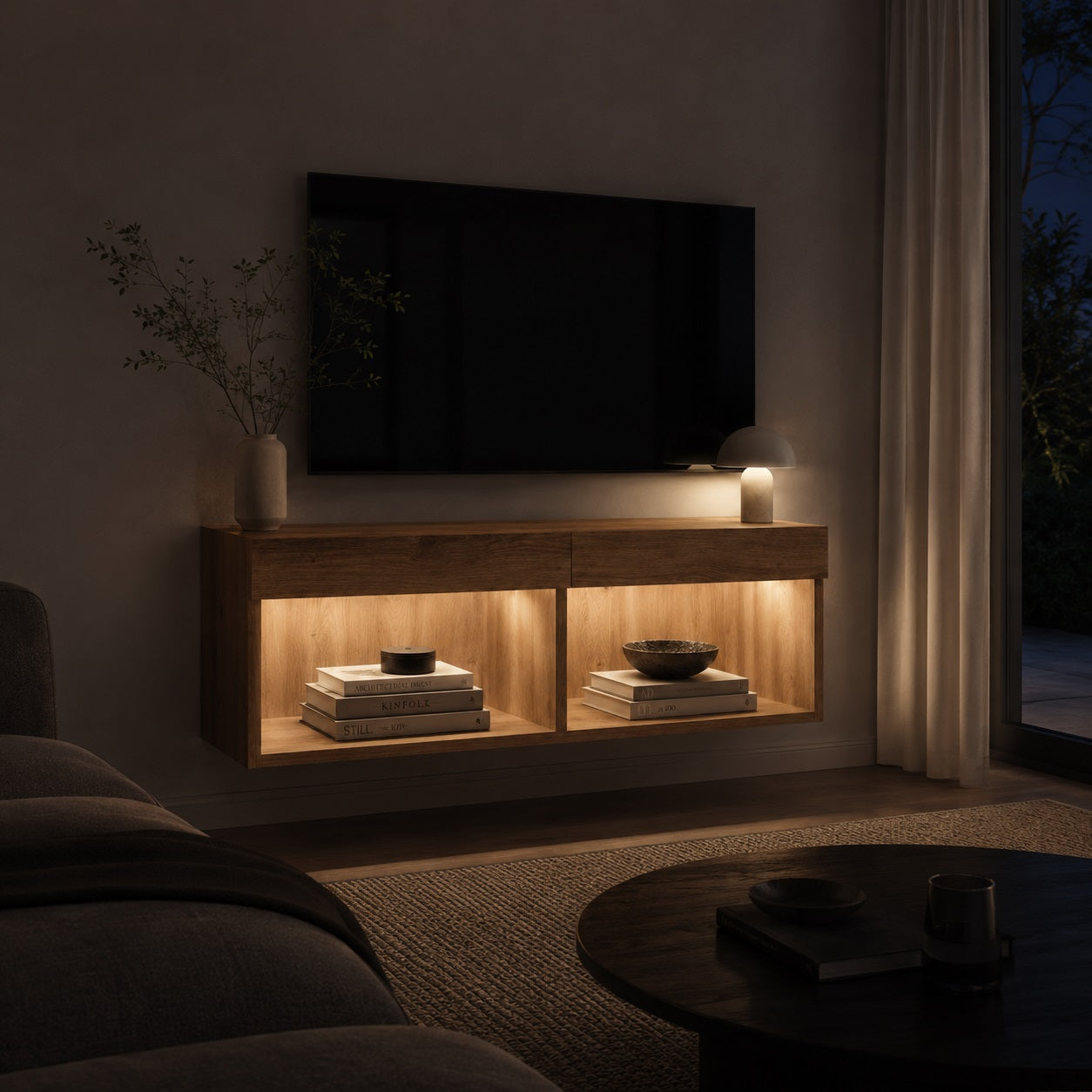 Meuble TV suspendu en bois avec éclairage LED intégré créant une ambiance chaleureuse et contemporaine