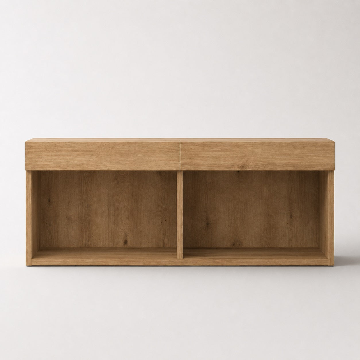 Vue de face du meuble TV suspendu en bois avec deux compartiments ouverts modernes