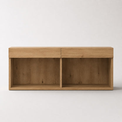 Vue de face du meuble TV suspendu en bois avec deux compartiments ouverts modernes